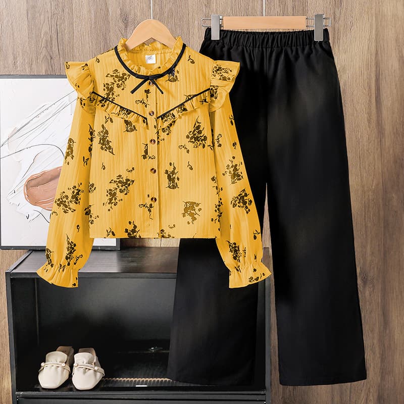 Girls Spring Lace Print Long Sleeve Round Neck Shirt Wide Leg Pants Two Piece Set New Fashion Toddler Outfit Ages 3-7