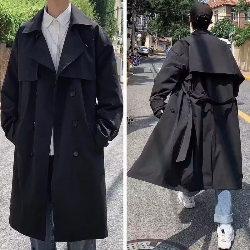 Trench-coat long pour homme, coupe ample et décontractée, veste unisexe avec ceinture, pardessus croisé noir et kaki
