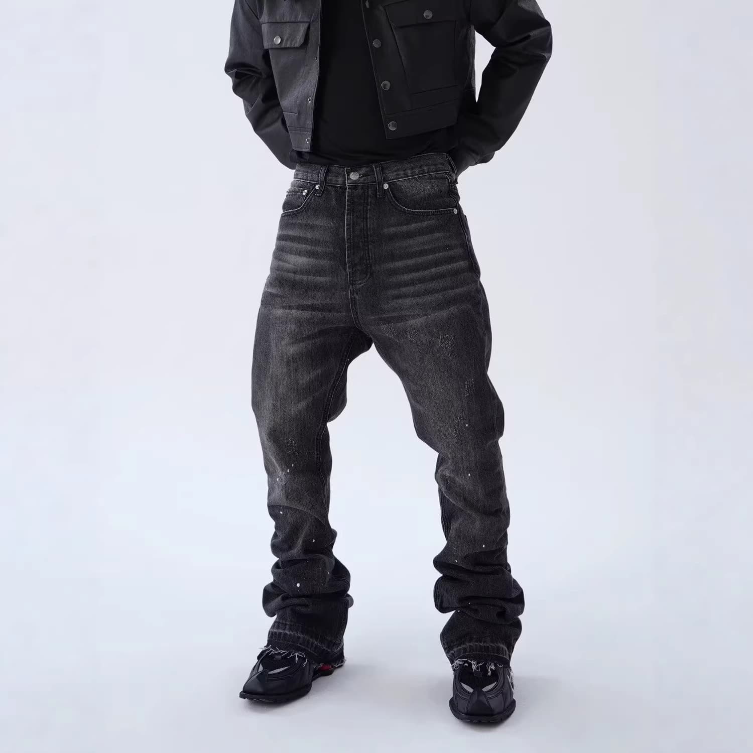Distressed Washed Black Striped Faded Straight Leg Flared Jeans American High Street Style Slim Fit With Splatter Paint And Frayed Edges