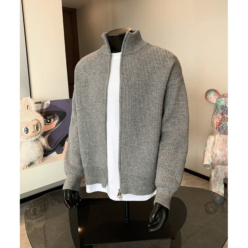Pull homme épais à col montant et double fermeture éclair, couleur unie, automne, tendance, maille haut de gamme, marque Cleanfit