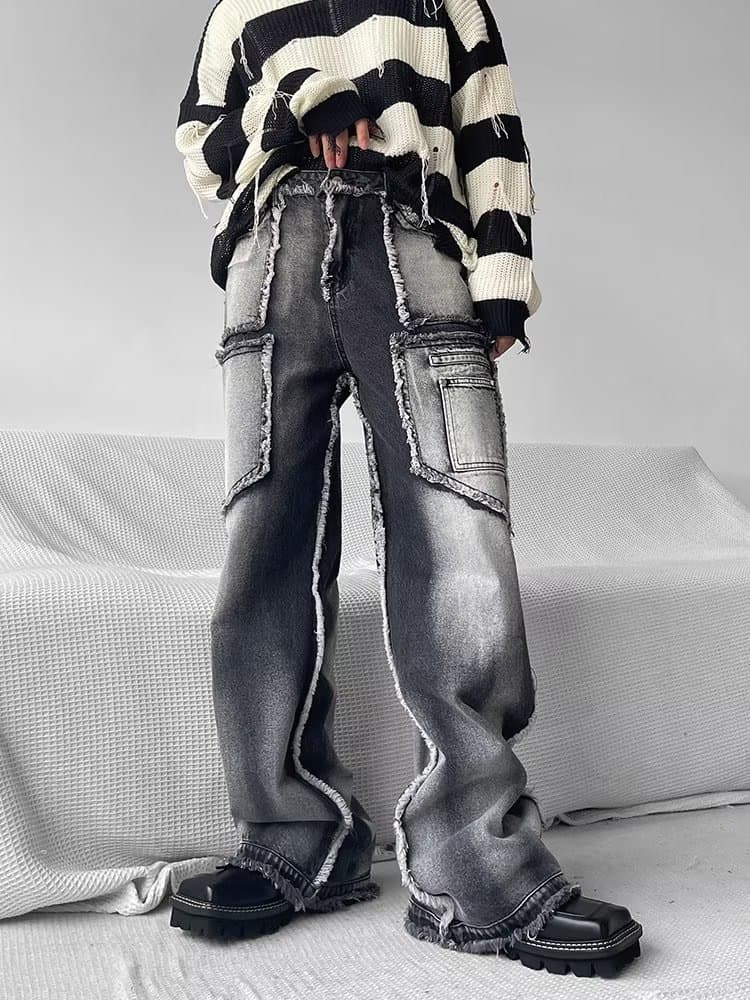 Men's Clothing High street niche design work jeans men's loose straight autumn and winter raw edge casual trousers ins trend