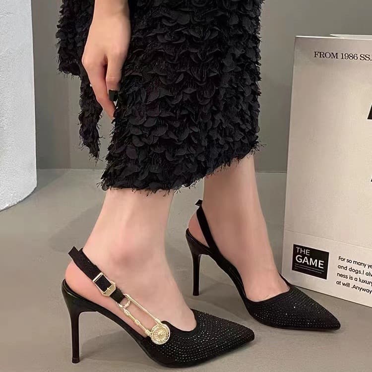 Black Rhinestone High Heels For Women 2024 New Pointed Stiletto Metal Buckle Socialite Party Closed Toe Sandals