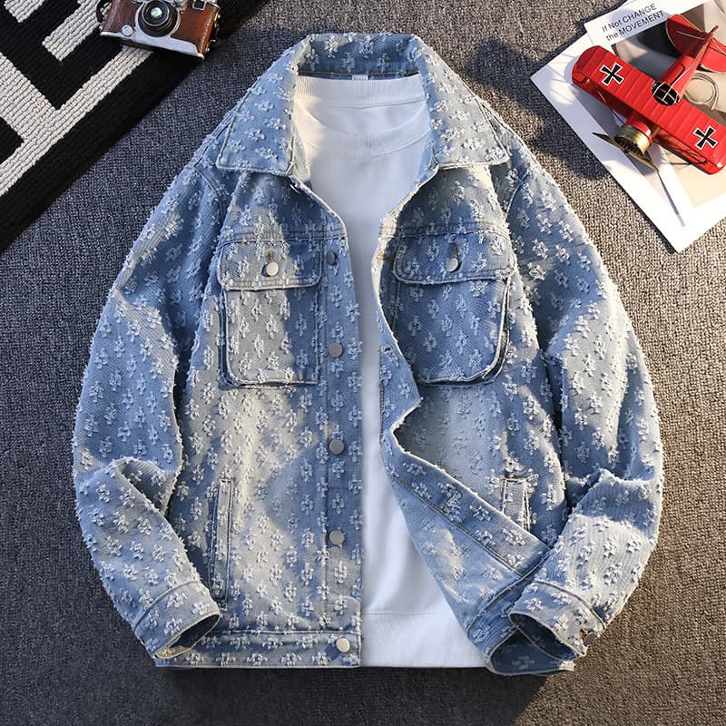 Men's Clothing Jacquard Denim Jacket For Spring And Autumn, Couple Style, Cool And Relaxed Casual Jacket In Yellowish Brown