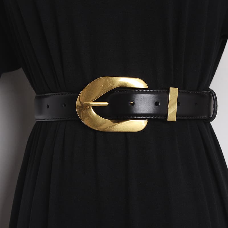Belt for women, design gold buckle, Korean ins style cowhide with coat girdle, suit and waist belt