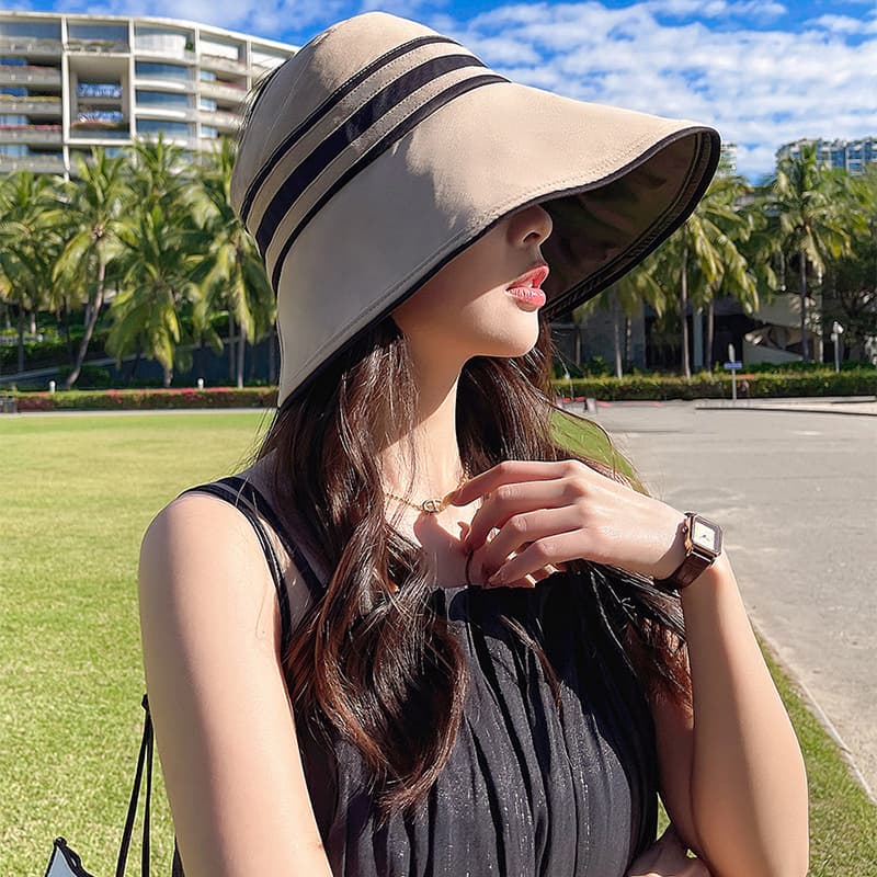 Fashion Summer Black Vinyl Sun Women Stripe Wide Brim UV Protection Bucket Hat Foldable Outdoor Beach Ladies Empty Top Sunscreen
