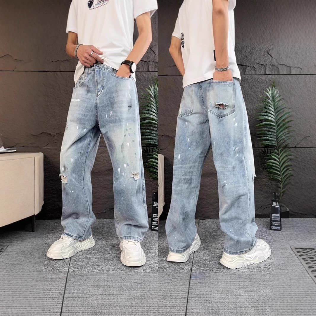 Men's High Street Distressed Paint Drop Wide Leg Jeans - Vintage Washed Loose Fit Straight Denim Pants For Casual Wear