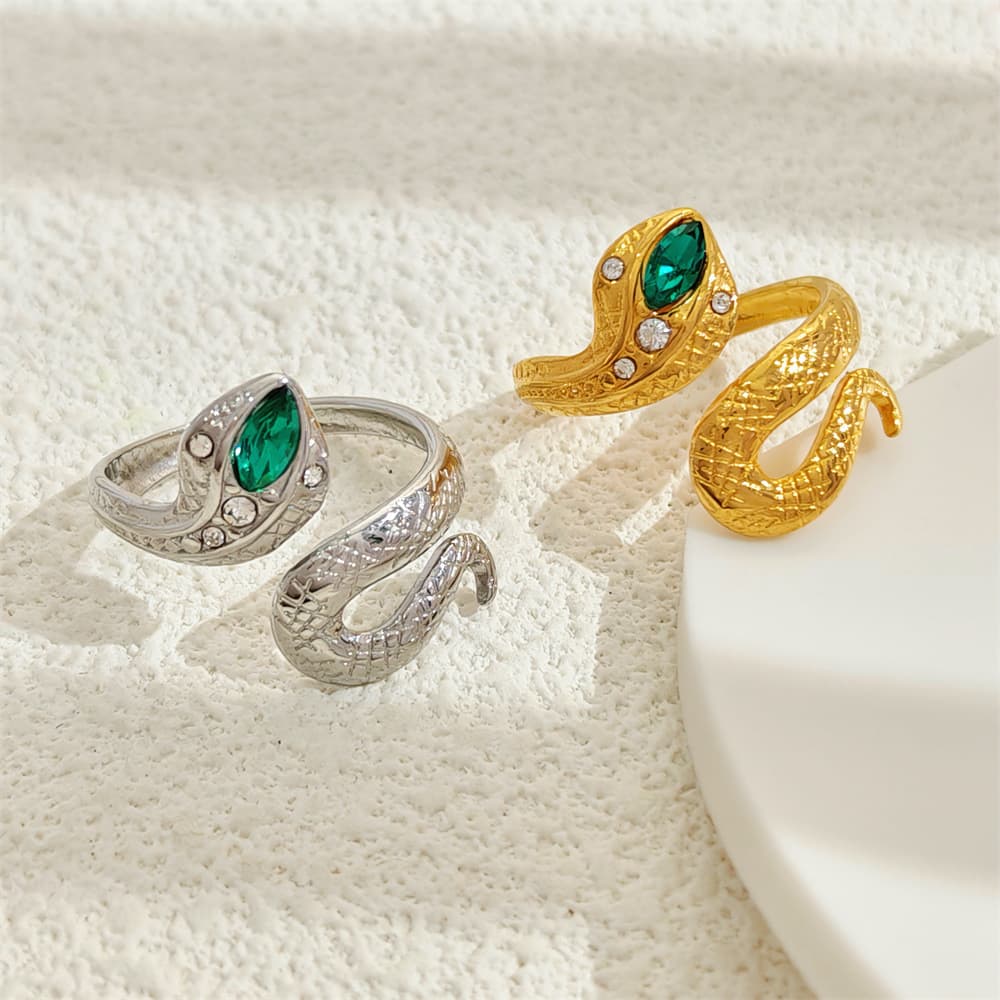 Fashion Green Diamond Snake Trendy Design Personality Hip-Hop Adjustable Stainless Steel Versatile Niche Ring For Women