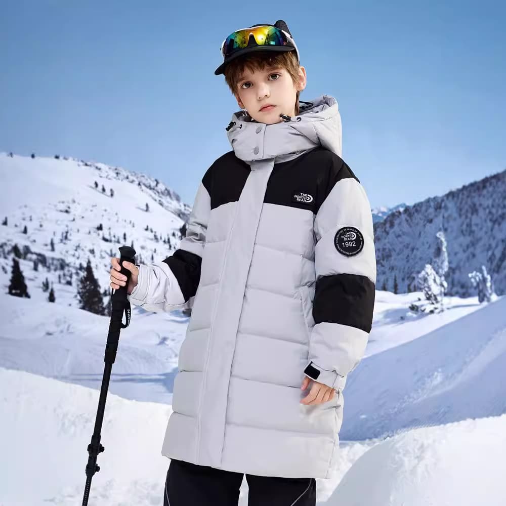 Hooded Color-Block Down Jacket For Boys & Teens – Mid-Length Warm Winter Coat (Army Green/Black/Light Blue, 130-170cm)