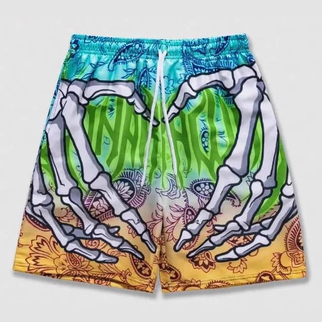 [PsycheDrip] Men's 3D Print Shorts - Skeleton Hand & Paisley | Summer Streetwear Bottoms