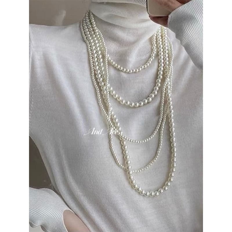 Multi layered glass pearl necklace fashion style necklaces with stacked and niche women's sweater chains for