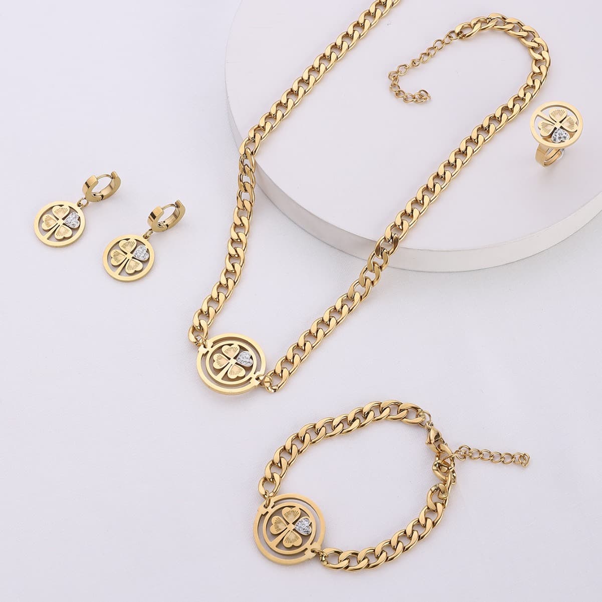 Hip Hop Thick Chain Four-Leaf Clover Necklace Fashion Creative Titanium Steel Bracelet Earrings Ring Set For Women