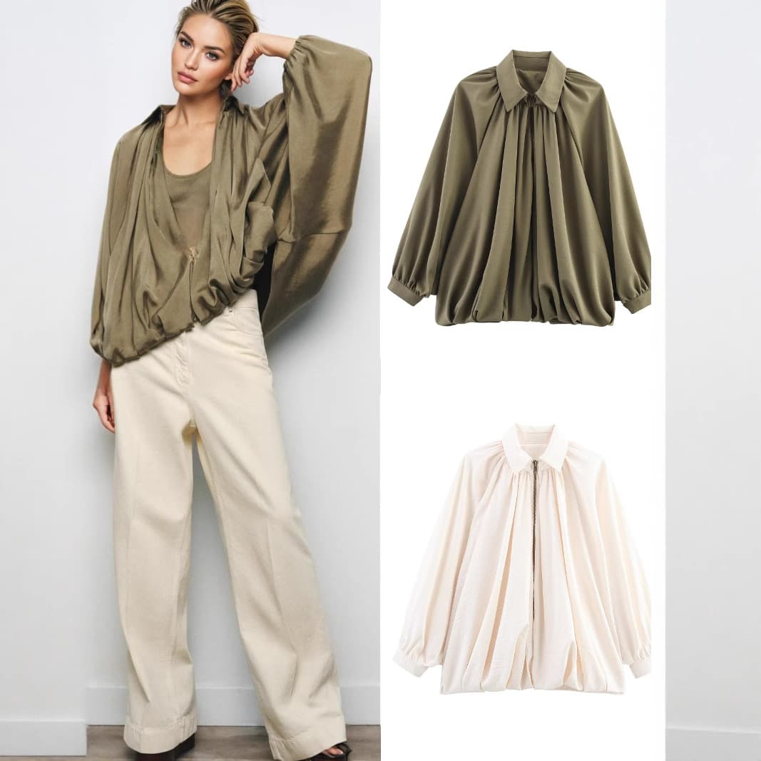 Spring Women's Fashion Puff-Sleeve Bomber Jacket - Versatile & Stylish, Relaxed Fit, Polyester Blend, Urban Streetwear​