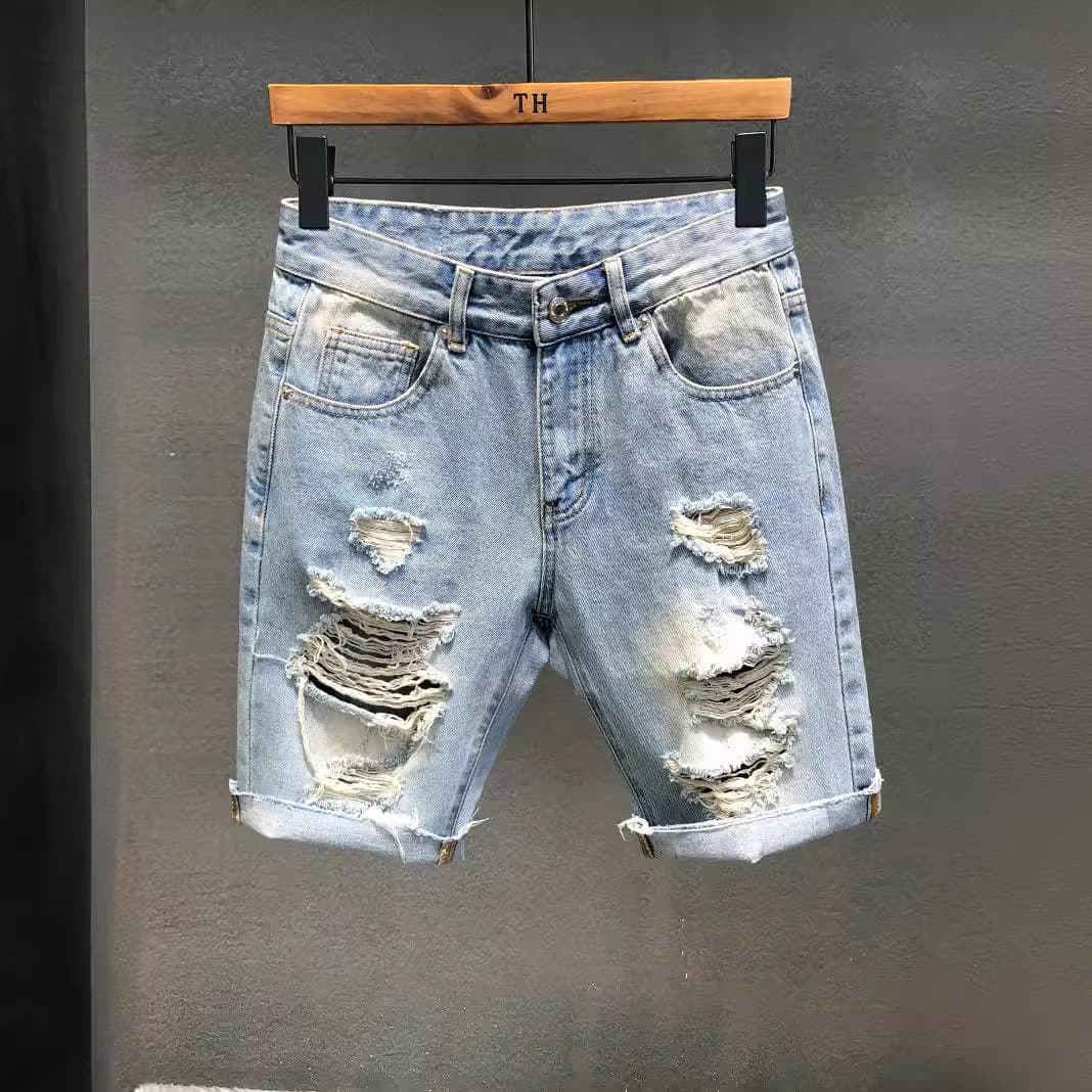 Men's Clothing Raw Edge Large Hole Denim Shorts Men's Casual Versatile Trendy Mid Length Pants Beggar Pants