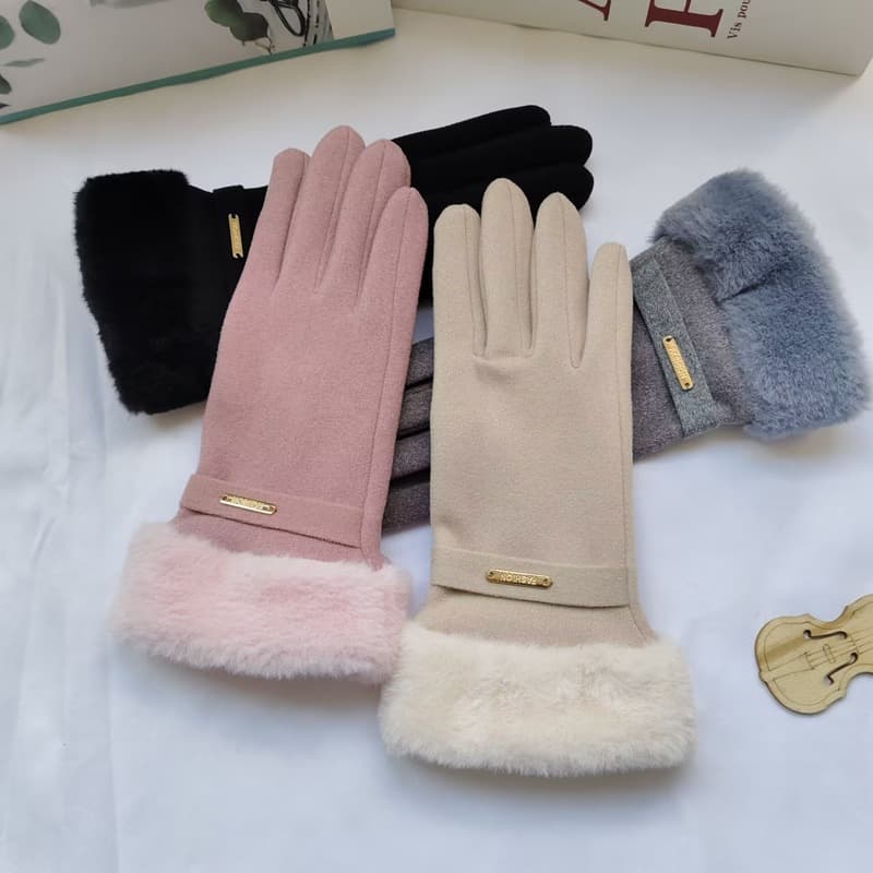 Winter Fleece-Lined Driving Warm Outdoor Cycling Women's Metal Label Fleece Touchscreen Gloves