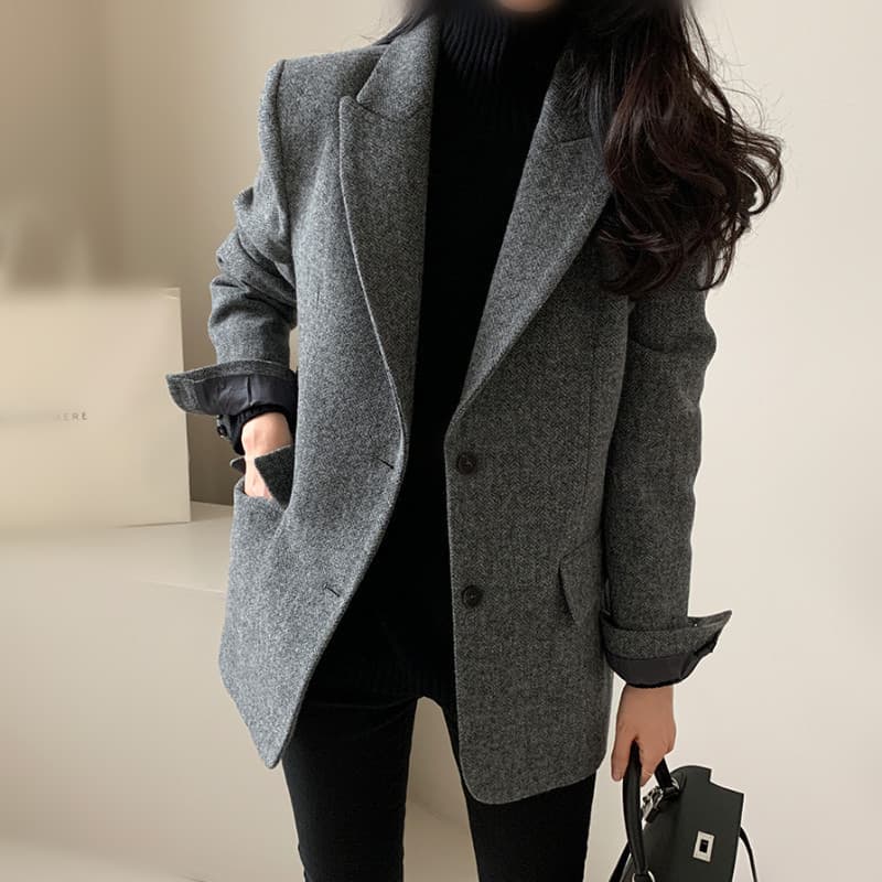 South Korea ins new style solid color wool suit jacket women Maillard small fragrance style suit women