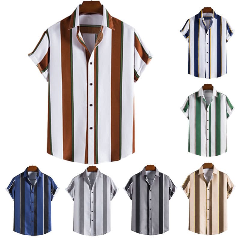 Men's Clothing foreign trade summer men's striped short-sleeved shirt European size Hawaiian shirt for men