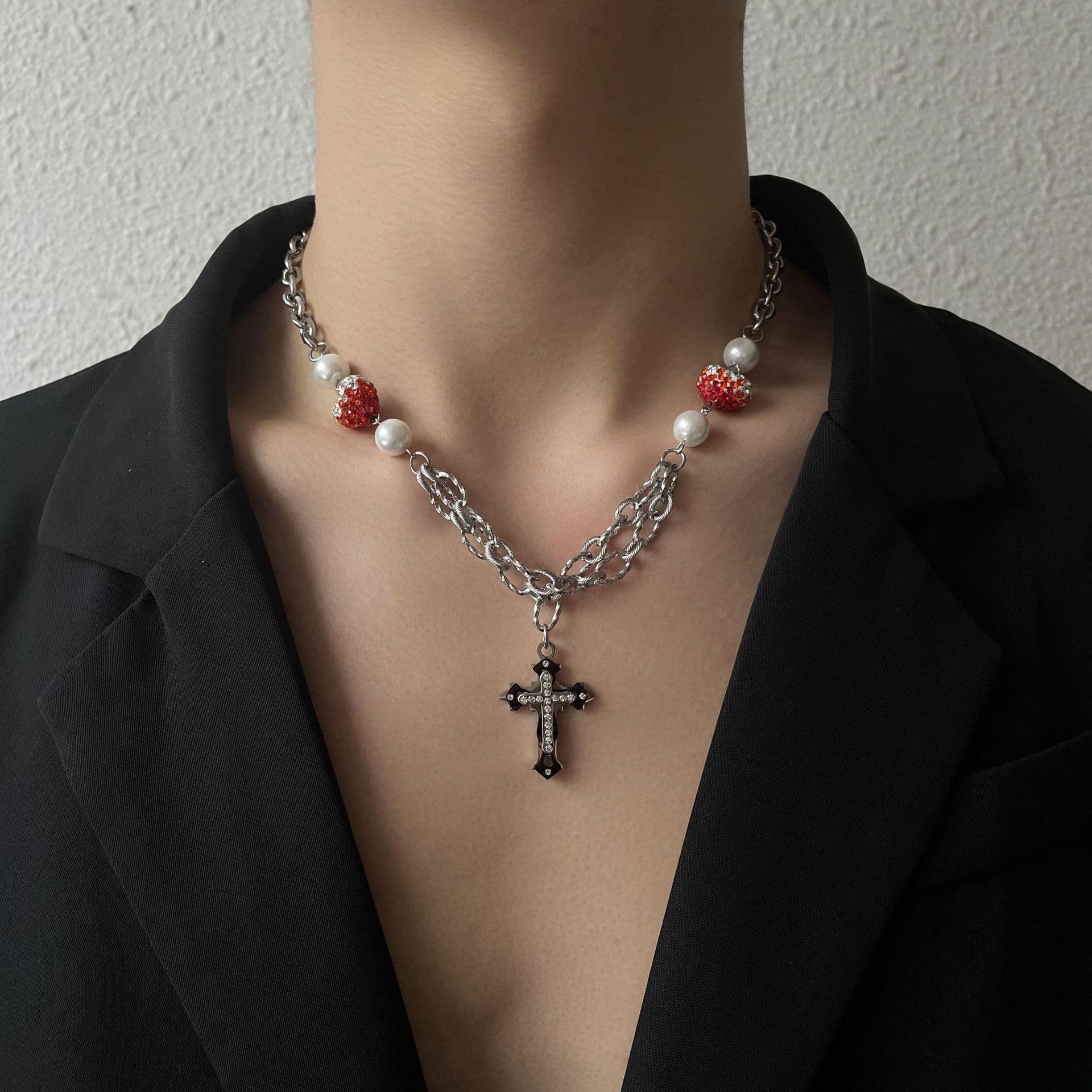 Three Color Gradient Full Diamond Love Color Matching Cross Pendant Hip Hop National Trend Neutral Necklace Can Be Worn By Men And Women