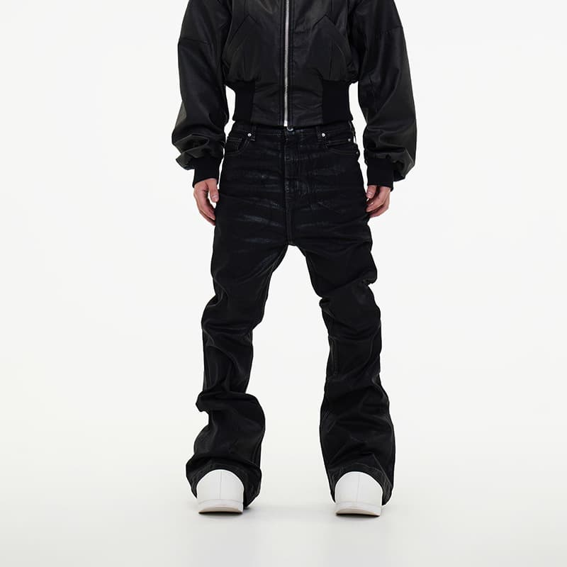 Men's Clothing new niche dark wax coating ribbon slightly elastic wide leg flared mopping piled denim trousers trend