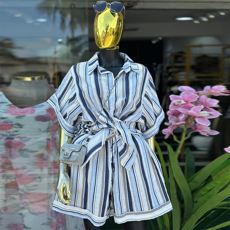 Sweet Striped Short Sleeve Shirt & High Waist Straight Shorts Set - Autumn Casual Outfit For Women