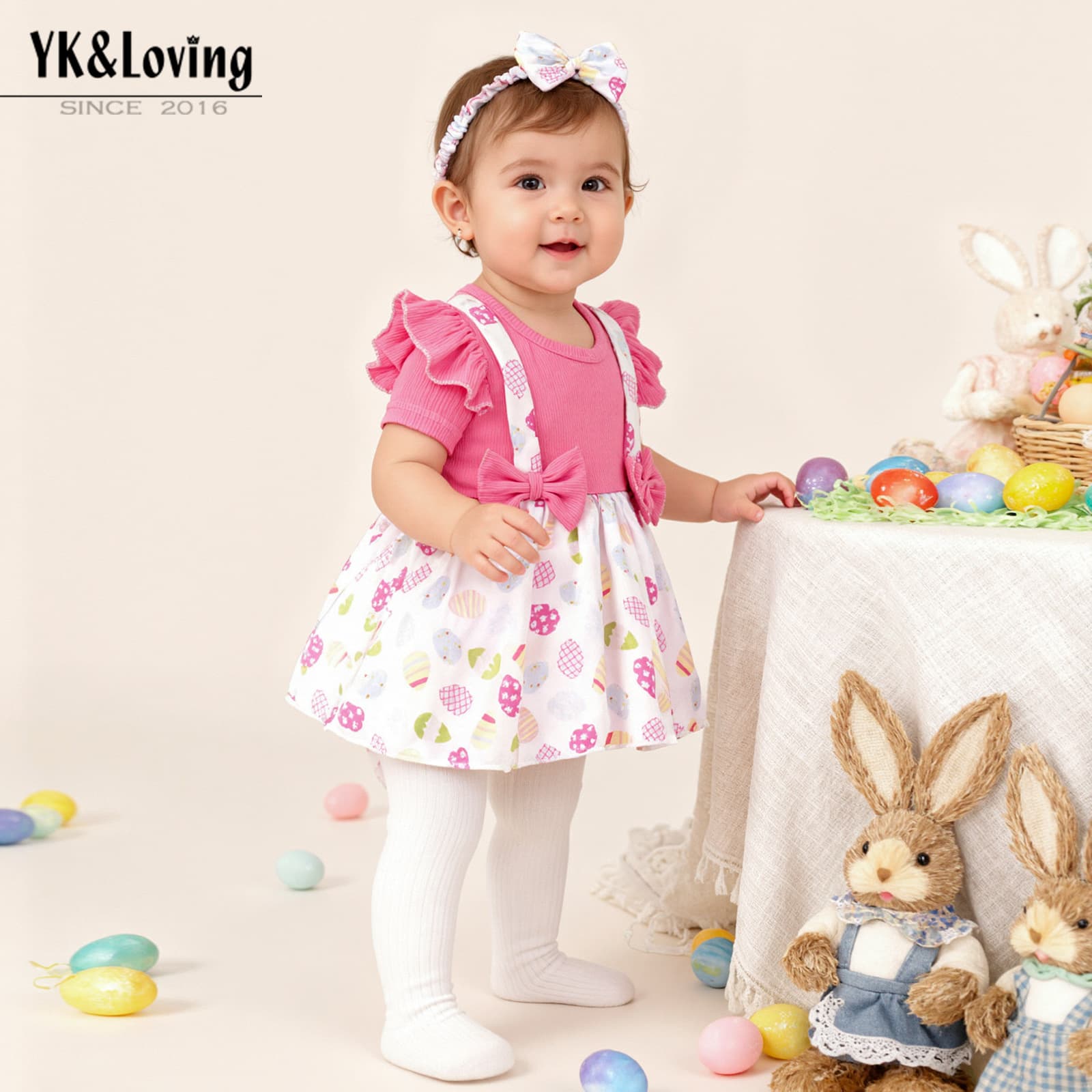 ​​Easter Baby Girl Outfit Set - Ribbed Short-Sleeve Layered Romper & Dress 2-Piece Set (Polyester, A-Class Safety, Sizes 3-24m)​​