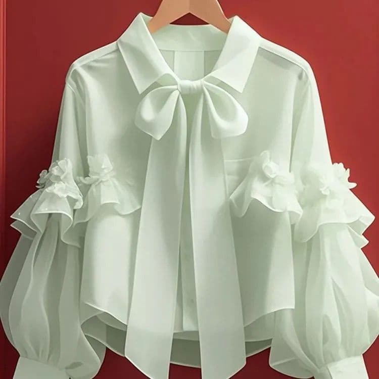 Women's Clothing Early Autumn New Tops For Women Style Unique Beautiful Green Bow Lantern Long Sleeved Shirt