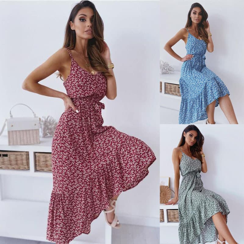 Women's Fashion sling small floral waist strap print dress