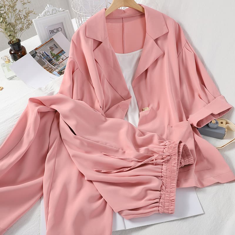 Women's Clothing Fashion Summer Loose Suit Collar Three Quarter Sleeve Jacket Nine Point Wide Leg Pants Suspenders Three Piece Suit