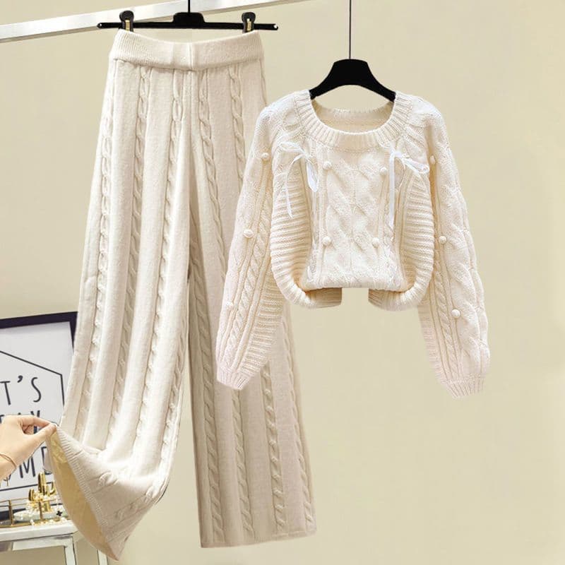 Women's Clothing new design knitted sweaters women's slim wide leg pants two piece suits trendy
