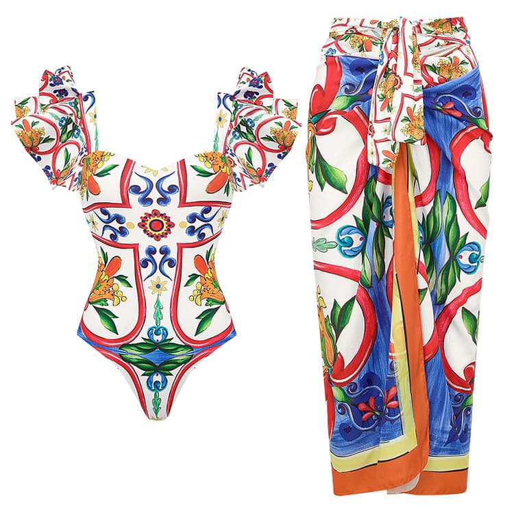 Women's Ruffled Enamel Print Beach Vacation One-piece Swimsuit Suit