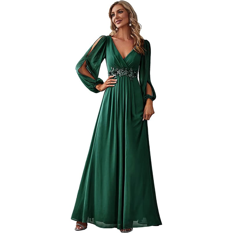 European and American women's clothing solid color V-neck dress elegant long dress with waist hem