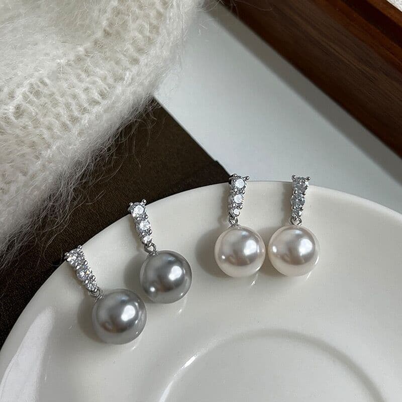 French high-grade zircon high-gloss pearl earrings for women silver needle simple and versatile temperament fashion earrings