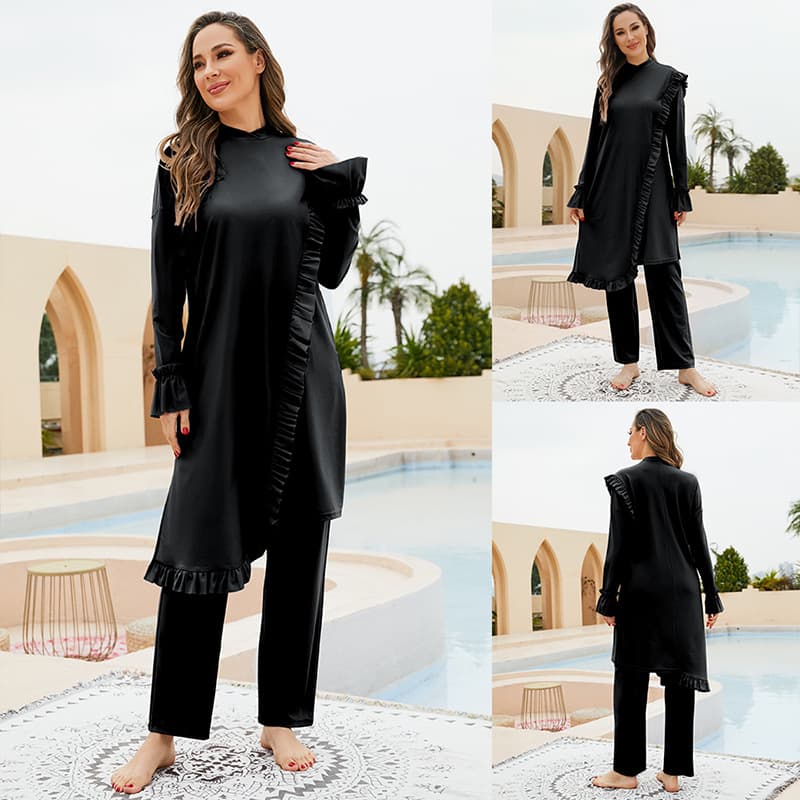 Women's Clothing Loose Surfing Diving Swimsuit Three Piece Set With Ruffled Edges Fully Enclosed Sunscreen Split Conservative Swimsuit With Chest Pads