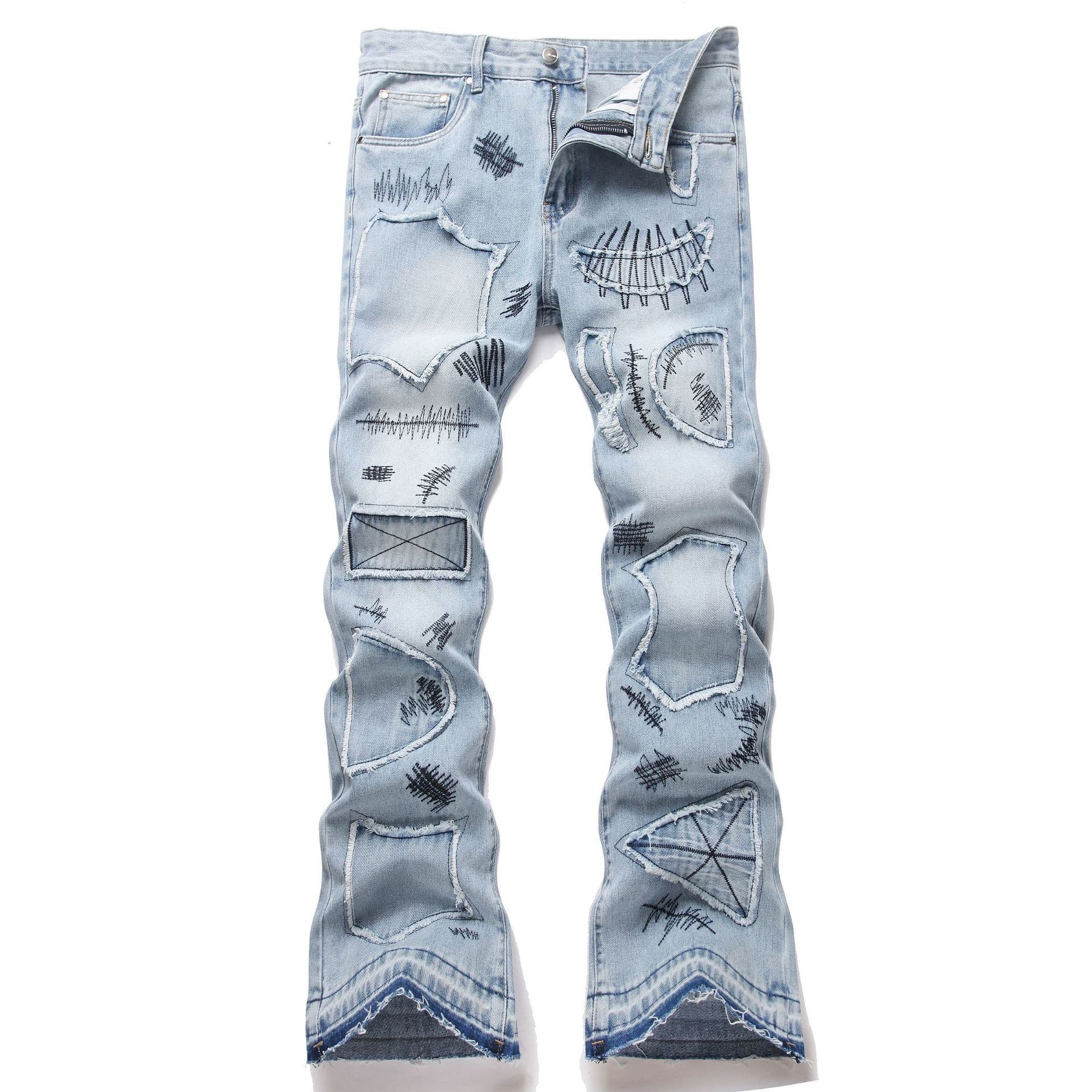 ​​Men's High Street Graffiti Embroidered Patchwork Denim Pants – Vintage Blue Flared Jeans (28-42)​​