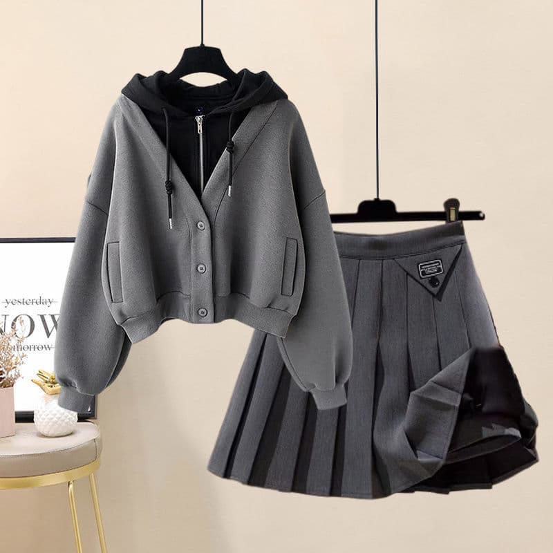 Women's Clothing New Autumn And Winter Suits For Fat Women Fashionable Splicing Hooded Sweatshirt Pleated Skirt Two Piece Suit