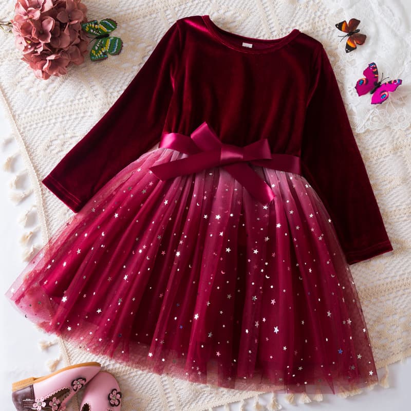 Kids’ Clothing Autumn And Winter New Girls Long Sleeve Dress Star Gradient Mesh Princess Dress Christmas Red Dress