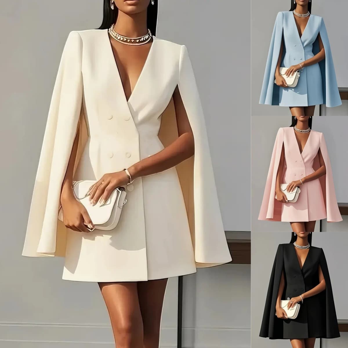 Double-Breasted Cape Dress – Polyester-Spandex Blend, V-Neck Office Wear, Versatile Fall Layering For Women