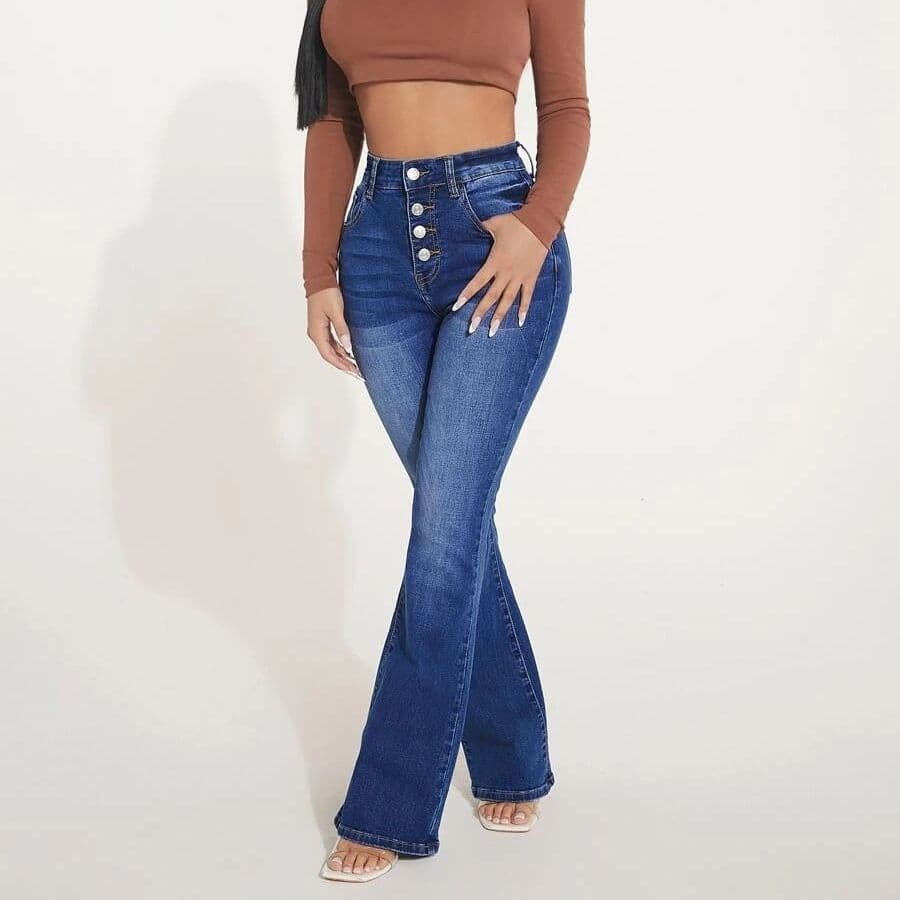 Women's Clothing High Waist Elastic Stud Buckle Tight Fitting Jeans