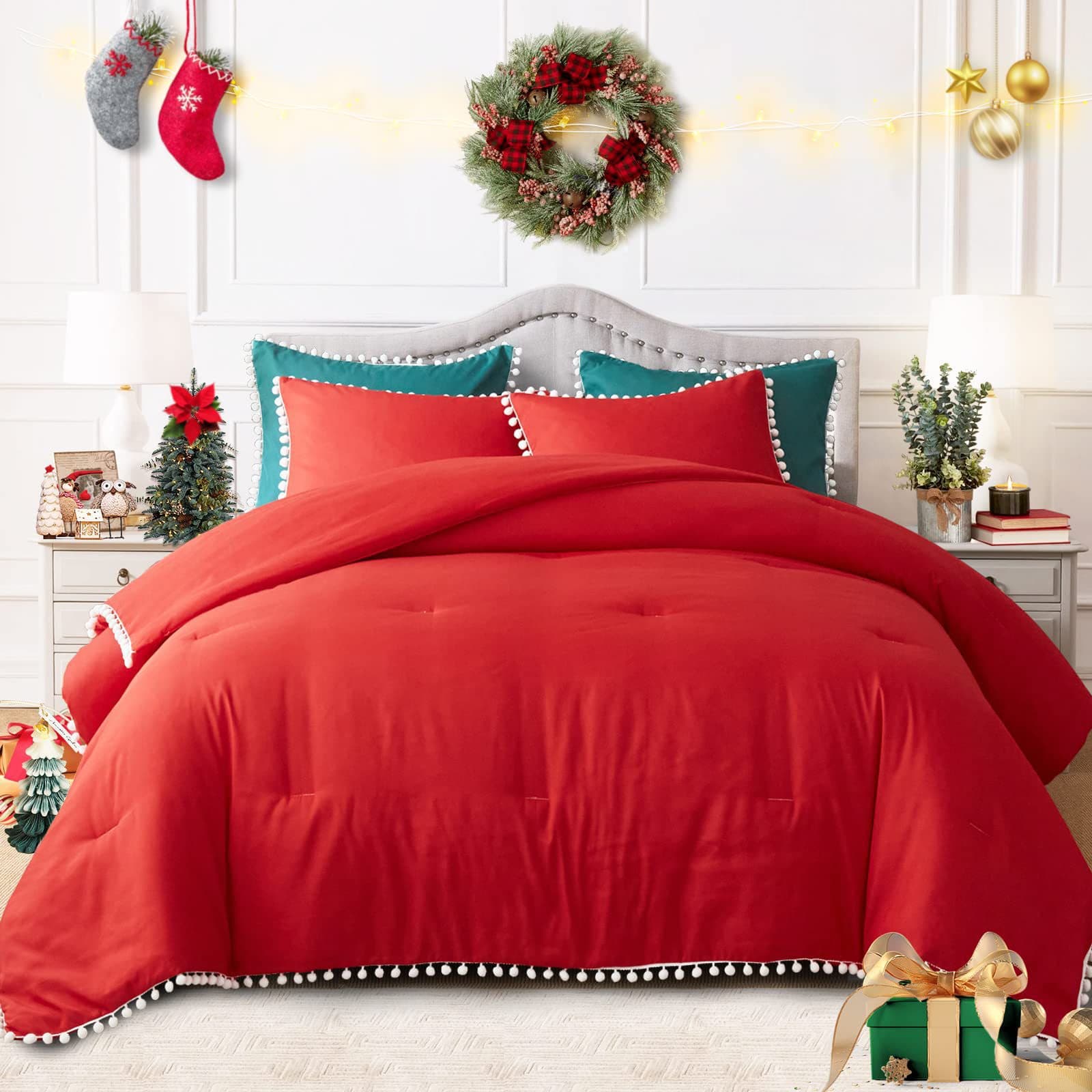 Comforter Set Quilt Set Red Xmas Ball Tassel Quilt Three Piece Set