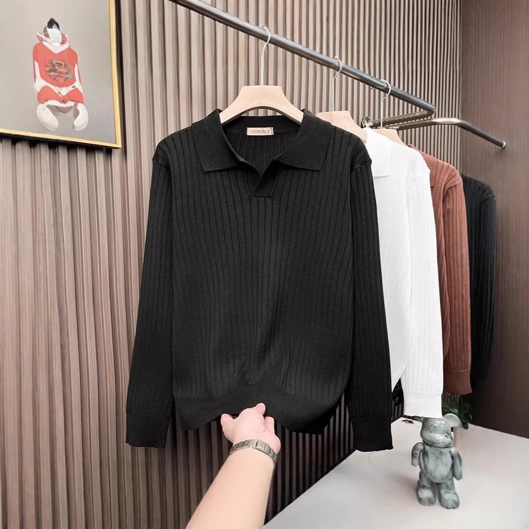 Men's Clothing Knitted Polo Shirt Spring And Autumn New Simple Striped Lapel Sweater Temperament Men's High End Texture Long Sleeved Sweater