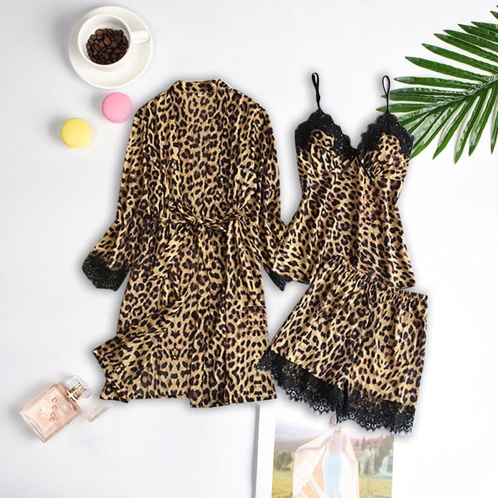 Underwear & Sleepwears Newsilk black leopard print home clothes set fashion lace pajamas set