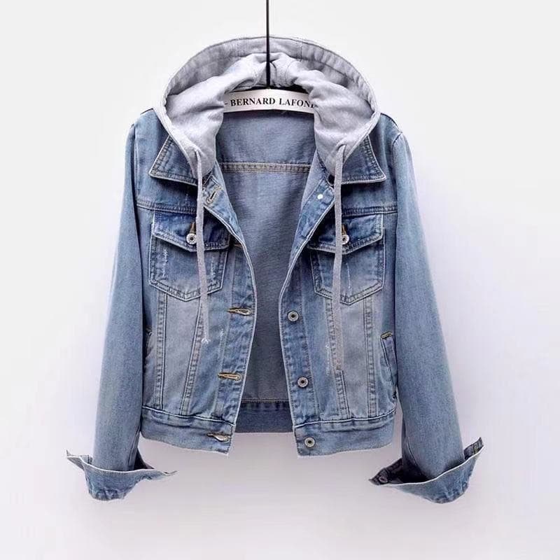 Women's Denim Jacket With Hood Oversized Casual Coat Long Sleeve Spring/Fall Outerwear Comfortable Stretch Fit For Students Work ( Light/Deep Blue)