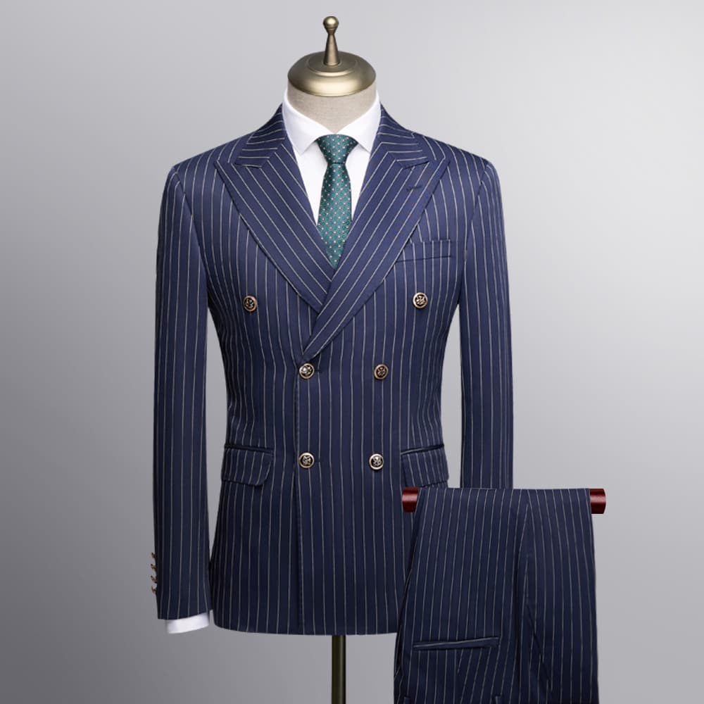 Men's Clothing Slim Fit Double Breasted Striped Suit Two Piece Set Slim Fit Double-Breasted Suit Set – Striped Business & Wedding Blazer & Pants​