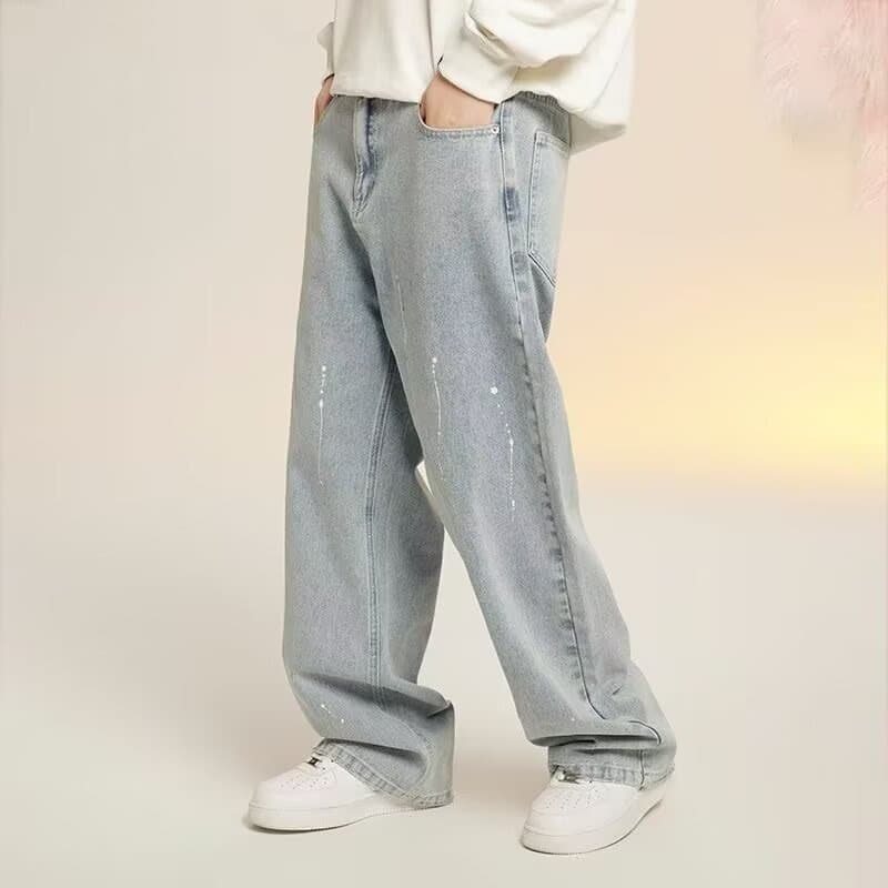 Men's Clothing ink splashed jeans men's autumn retro washed trendy brand wide leg pants high street versatile simple casual long pants