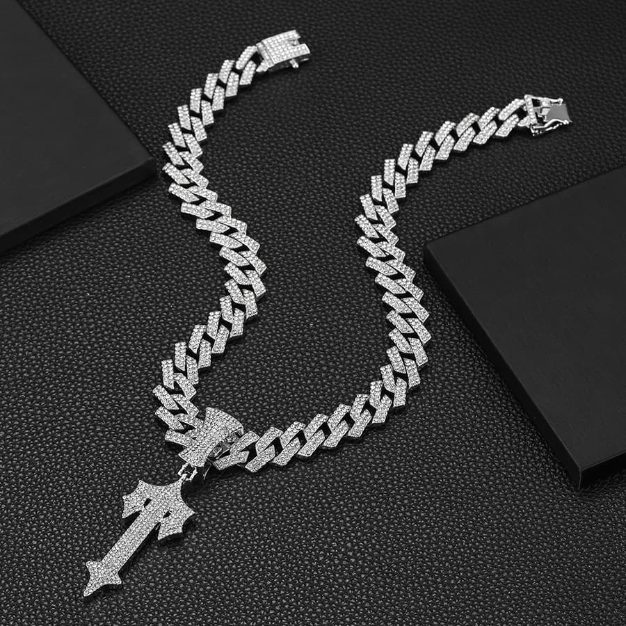 New hiphop cross pendant with full diamond Cuban chain, hip-hop niche legendary sword accessory