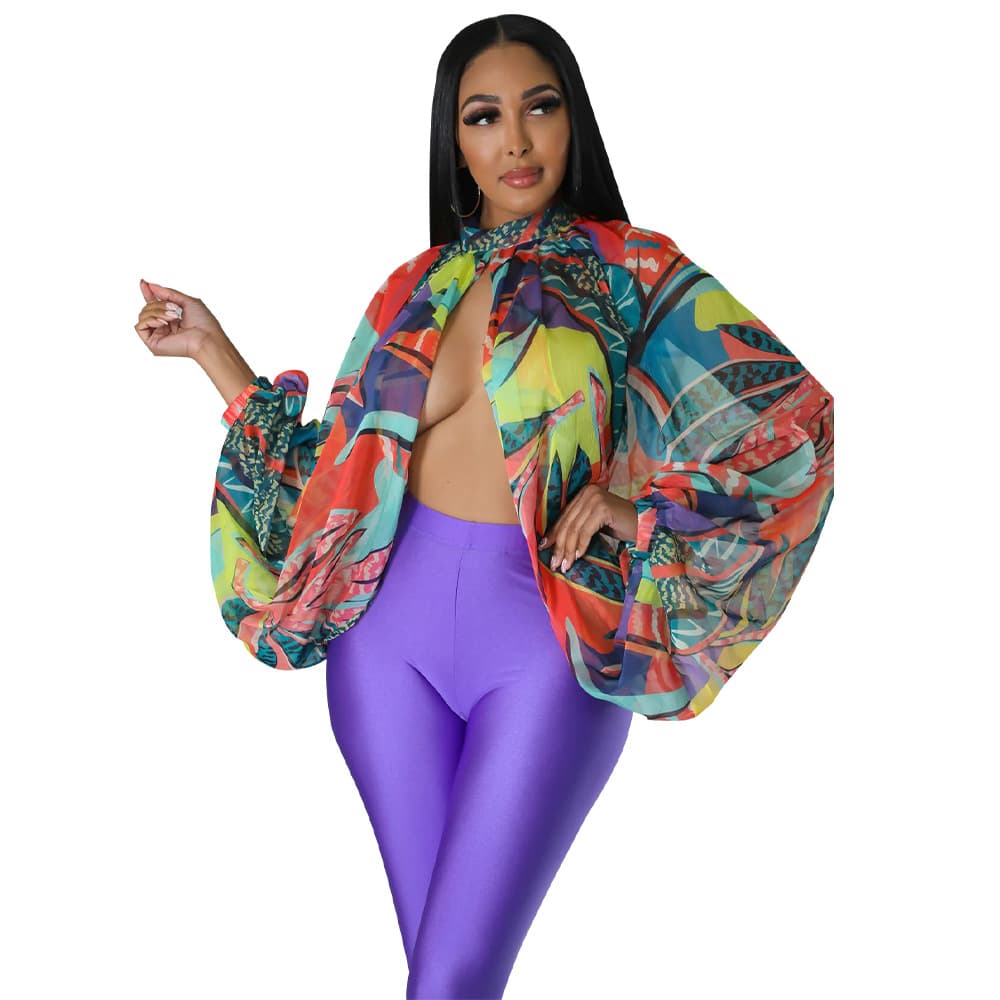 women's summer new lace-up printed chiffon shirt bat sleeve top