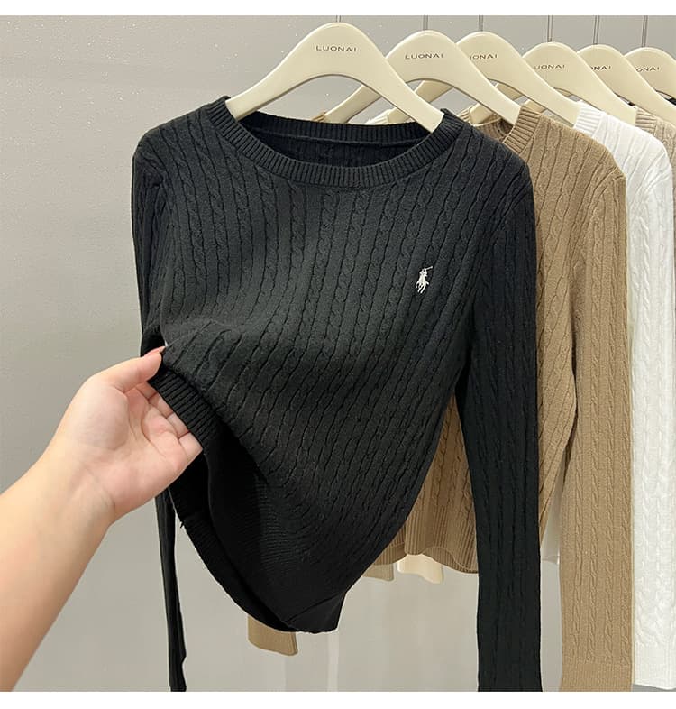 Haut ample en maille brodée pour femme, collection automne-hiver, pull blanc chic à manches longues en maille torsadée.