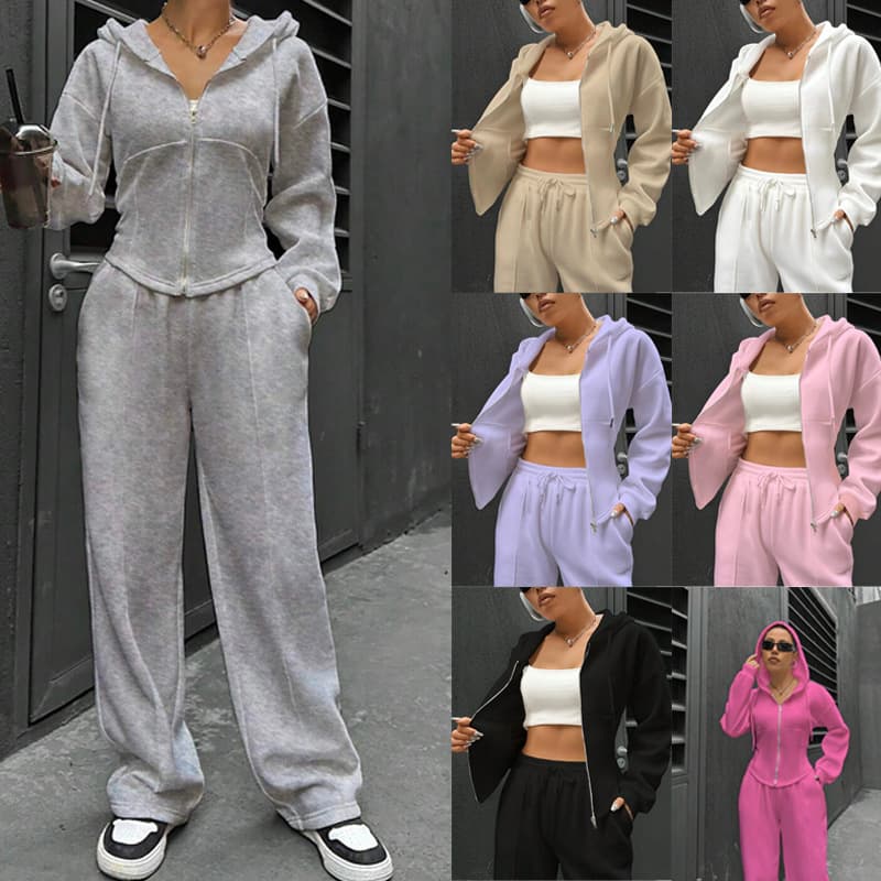 Women's Casual Hooded Zip-Up Sweatshirt & Wide-Leg Pants Set - Soft Stretch Polyester Blend, Unisex Streetwear, Winter/Spring/Fall Outfit