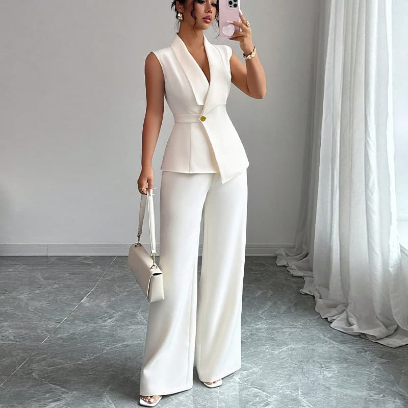 Elegant Solid Color Vest & Straight Pants Set - Polyester, Sleeveless, Button Detailing, Beige/Brown, S-XL"​