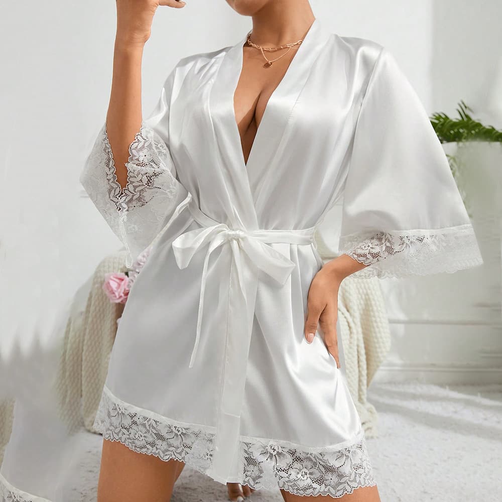 Women's Lace Trimmed Satin Nightgown - Elegant Mid-Sleeve Sleepwear With Belt