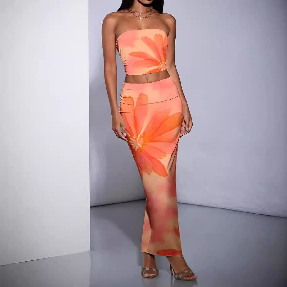 Women's Clothing Fashion Flower Print Multi Color Temperament Slim Fit Tube Top Hip Long Skirt Suit